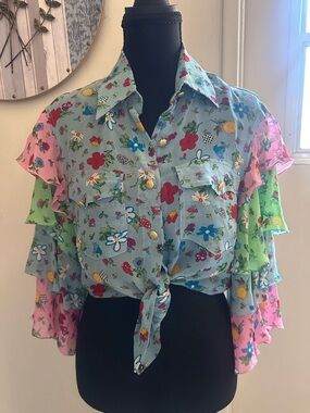Vintage Moschino Blue Floral Button-Up Blouse with Multicolor Flowers